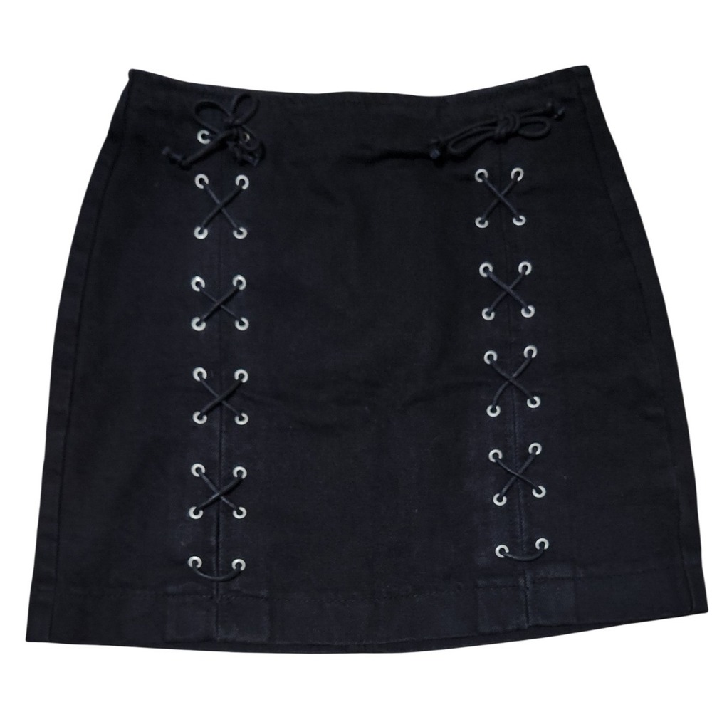 Topshop Moto Black Denim Mini Skirt‎ Lace Up Detail Size 2